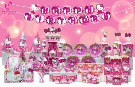 Phụ kiện trang trí sinh nhật cho bé gái chủ đề Hello Kitty